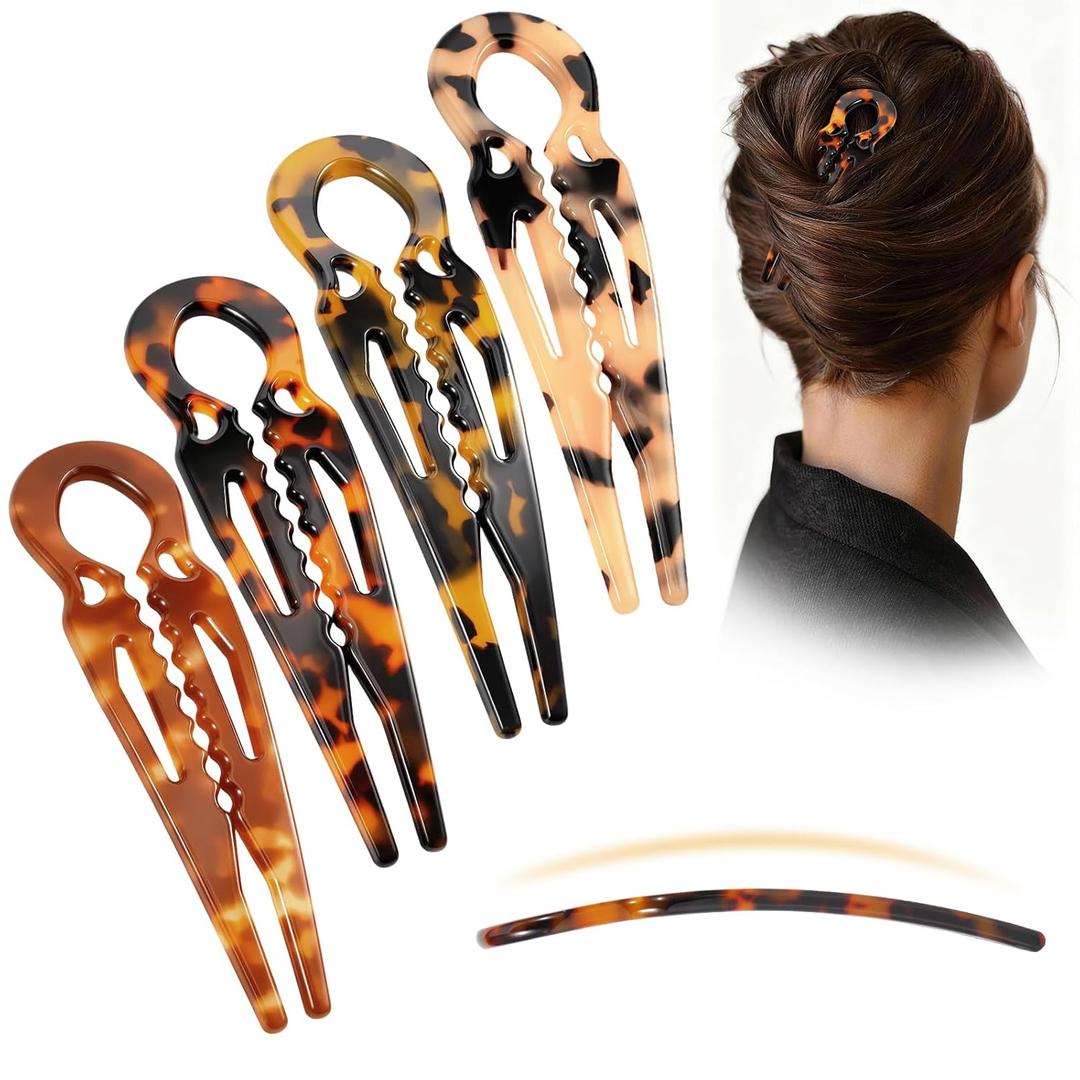4PCS Prestige French Hair Pins Tortoise Shell Acetate Hairpins for Women - Elegant Styling Accessories for Buns Twist Updos U-Shaped Curved Serrated Strong Grip for Thick/Long Hair(4.3 Inch, Large)