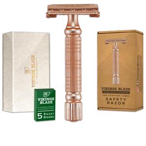 VIKINGS BLADE Double Edge Safety Razor + 5 Swedish Steel Blades + Luxury Case. Smooth, Reusable, Recyclable (Chieftain "Hera") (Frosted Rose Gold)