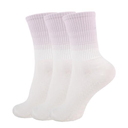 Ivyhouse Pilates Yoga Socks with Grips for Women - Colorful Non Slip Crew Athletic Socks - Cute Grippy Workout Hospital Socks, 3 Pairs, Purple