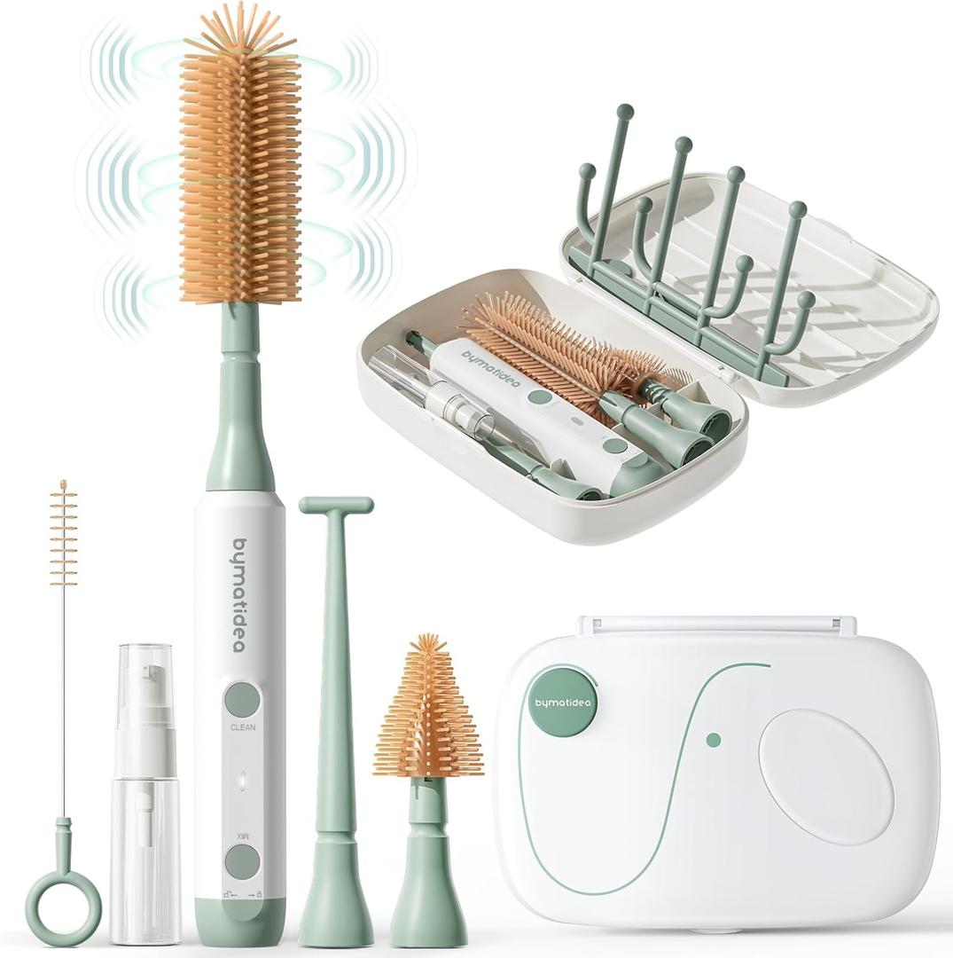 Electric Baby Bottle Brush Cleaner, 8-in-1 Travel Kit with Storage Box, Food-Grade Silicone, Waterproof, Long Battery Life, Portable Baby Bottle Cleaner Brush Set, Ideal Gift for Parents & Babies (Eco Green)