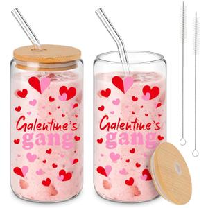 2 Pcs Galentines Gang Glass Cup 16 oz Galentines Day Gifts Tumblers with Lids and Straws Hearts Glass Coffee Tea Cup Valentines Day Party Supplies, Women Ladies Decoration