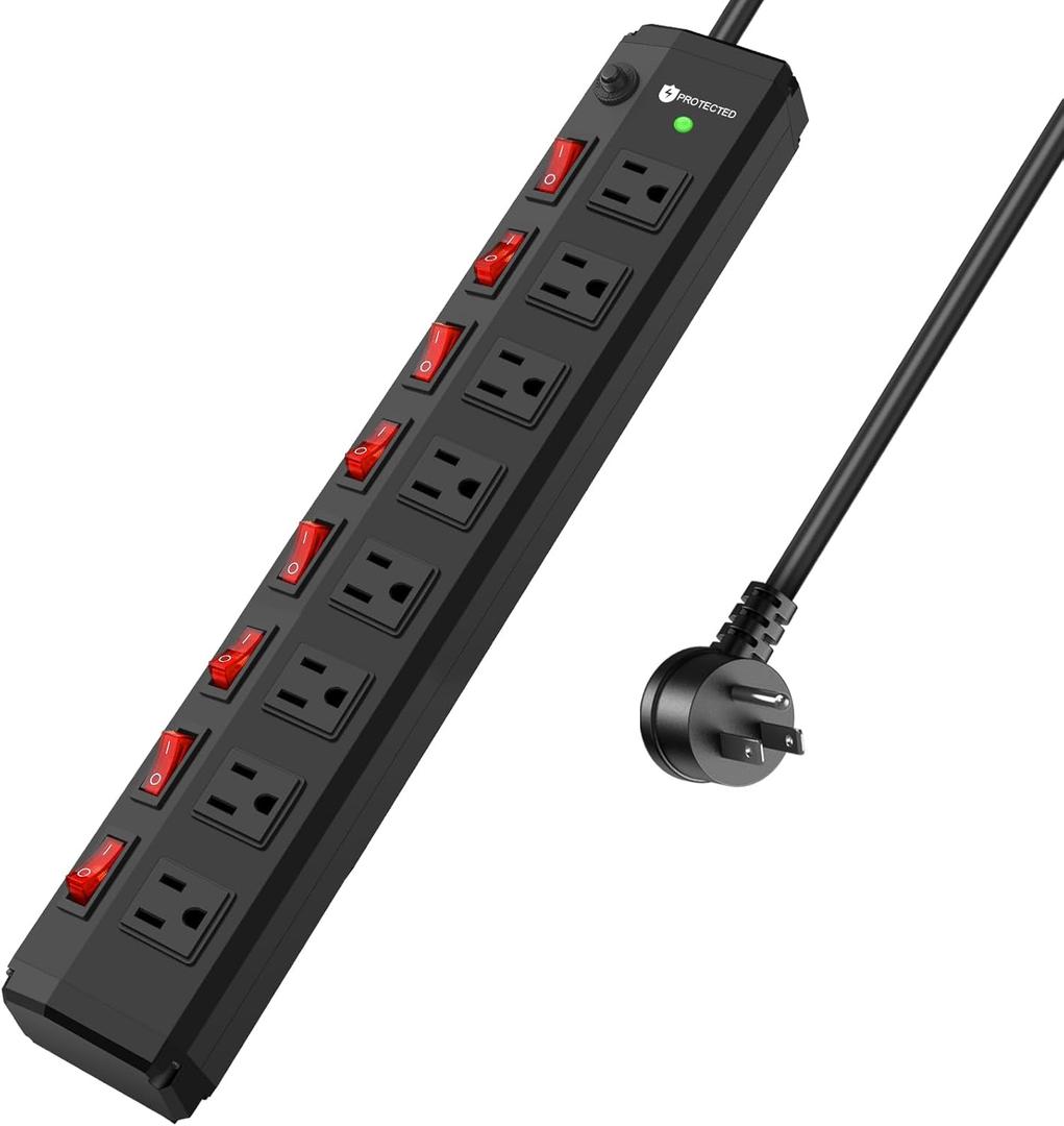 8 Outlet Heavy Duty Power Strip with 8 Individual Switches,Moutable Metal Power Strip Surge Protector 1200 Joules,6FT 14AWG Extension Cord,15A 1800W 125V 60Hz (Black)