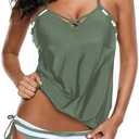 Dokotoo Womens 2024 Fashion Stripes Print Lined Up Double Up Tankini Sets Swimsuits Bathing Suit Swimwear L