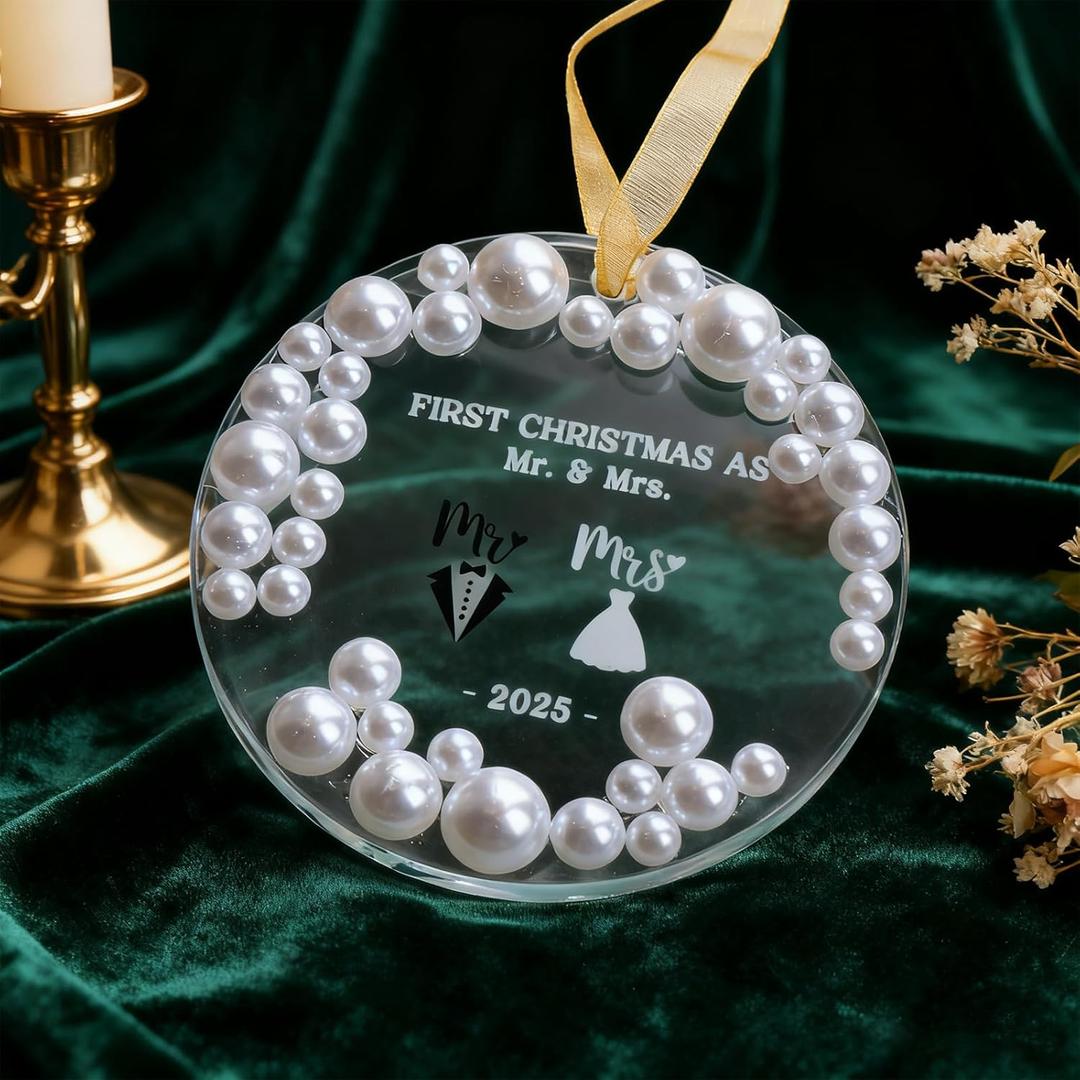 2 x 
Premium Wedding Gifts for Couples 2025 Mr and Mrs Bridal Shower Newlywed Couple Crystal Glass First Christmas Married Ornament (Glass First Christmas)