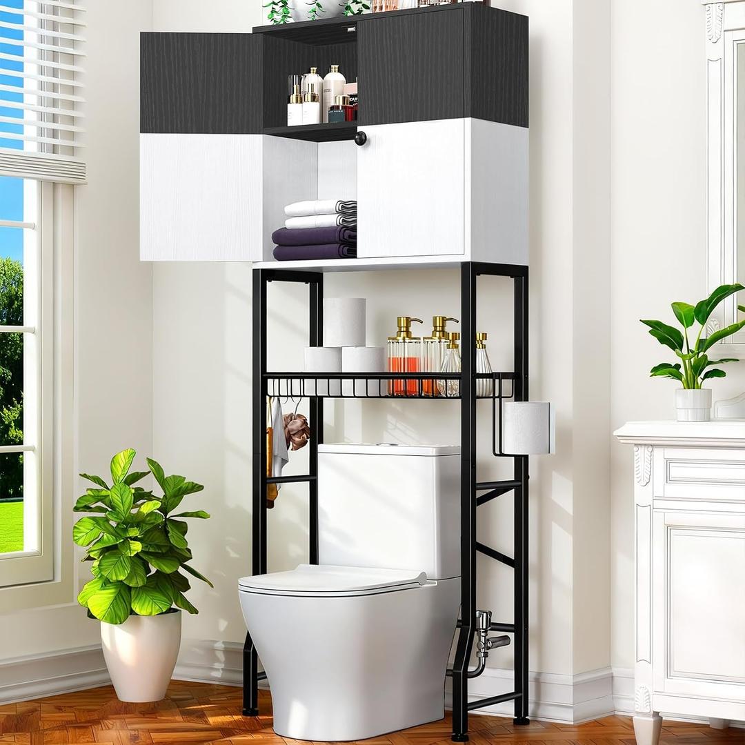 Over-The-Toilet Storage Rack, 4-Tier Bathroom Organizer Shelf Over Toilet with Barn Doors Cabinet and Basket, Freestanding Space Saver Bathroom Shelves with Paper Holder Above Toilet (Black & White), 24 inches x 9.3 inches x 65.5 inches