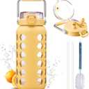 MUKOKO 64oz Glass Water Bottles with Straw and Lid,Half Gallon Water Bottle with Time Marker,Large Glass Water Jug with Silicone Sleeve and Stainless Steel Handle-Yellow