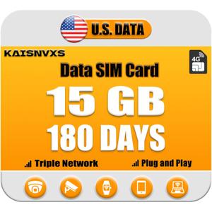 4G LTE Cellular Data SIM Card for 180 Days 15GB Compatible with USA Nationwide Networks for Security Cameras, Hunting Trail Cameras, Game Cameras, Tablets, Unlocked IoT Device,Plug and Play