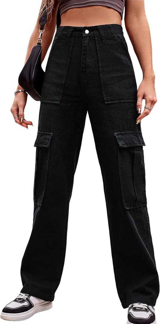 THWEI Cargo Pants for Women High Waisted Casual Baggy Stretchy Wide Leg Y2K Streetwear with 6 Pockets (Small, Black)