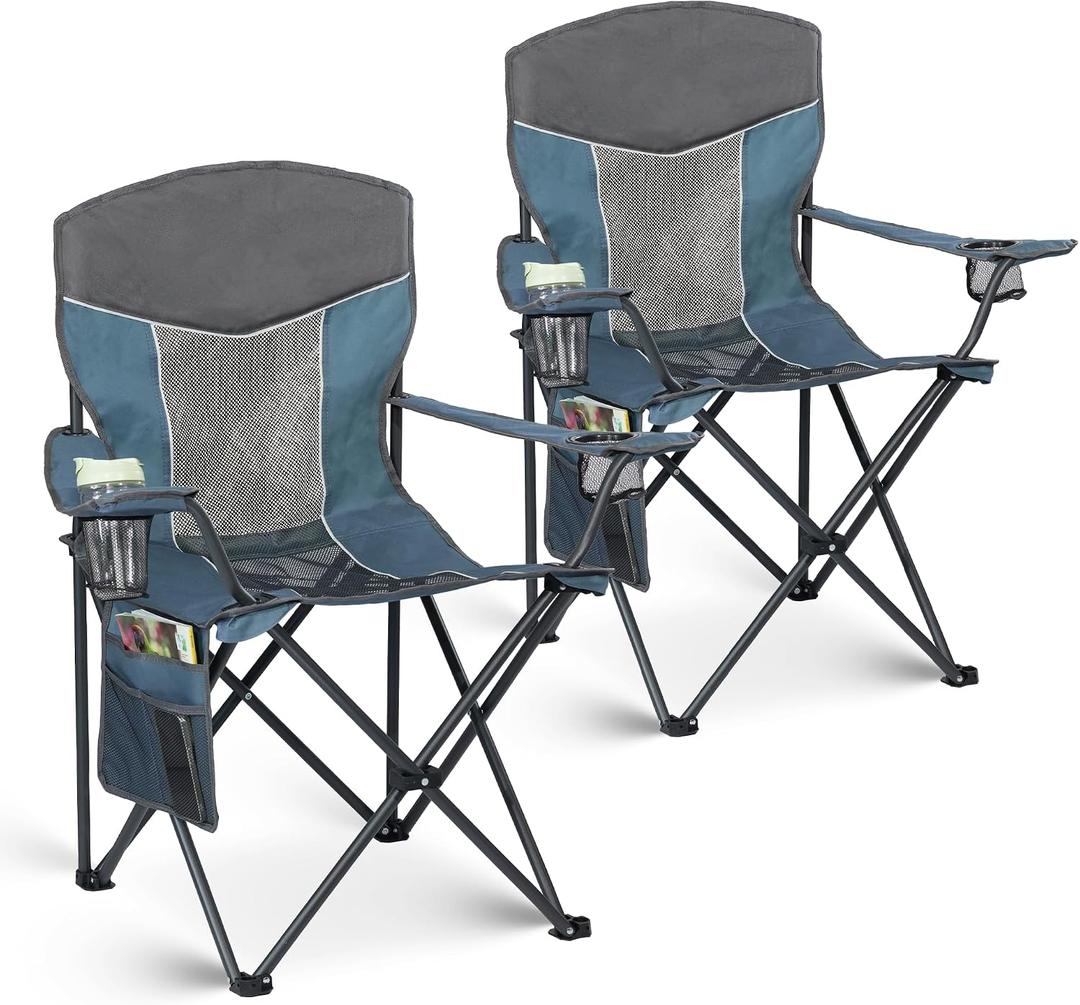 Outdoor Camping Chair 2-Pack with Mesh Back, Folding Portable Lawn Chairs with Cup Holder & Side Storage Pocket for Camping, Beach, Picnic, Fishing(Blue)