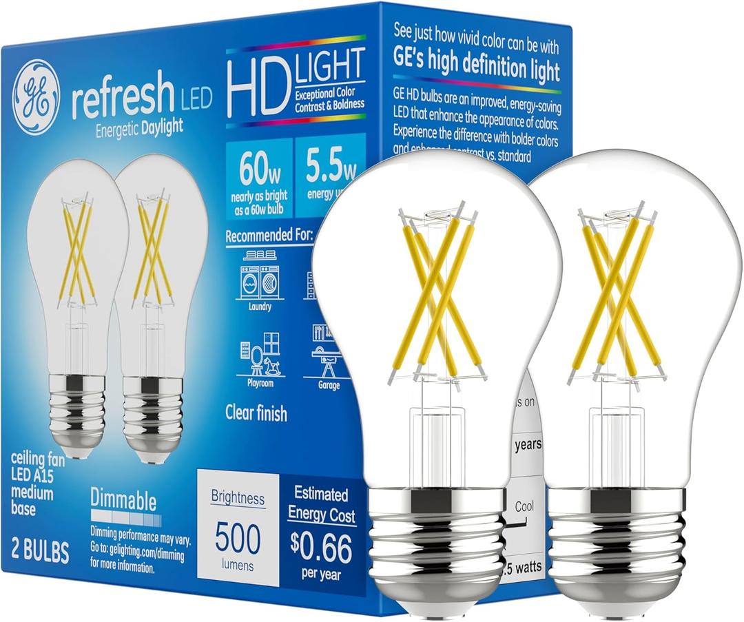 GE Refresh LED Light Bulbs, 60 Watt, Daylight, A15 Celling Fan Bulbs, Clear Finish (2 Pack)