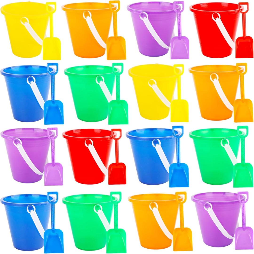 32 Packs Beach Sand Bucket and Shovel Set Include 16 Pcs Plastic Sand Pail and 16 Pcs Sand Shovels for Summer Beach Sandbox Fishing Pool Party