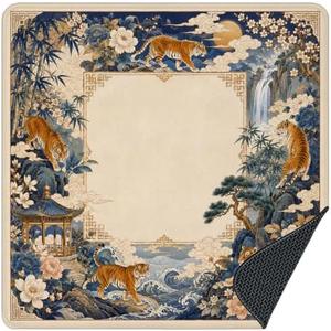 ATBWGT Chinoiserie Tiger Floral Mahjong Mat 31.5x31.5in | Blue and Gold Chinese Anti-Slip Noise-Reducing Mahjong Table Mat for Board Tile Games Poker and Cards