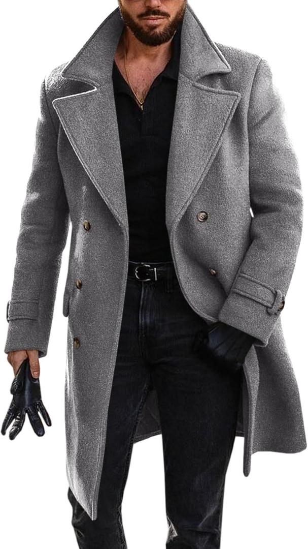 Runcati Mens Double Breasted Trench Coat Mid Long Jacket Notched Lapel Winter Chunky Warm Overcoat (Medium, Grey)