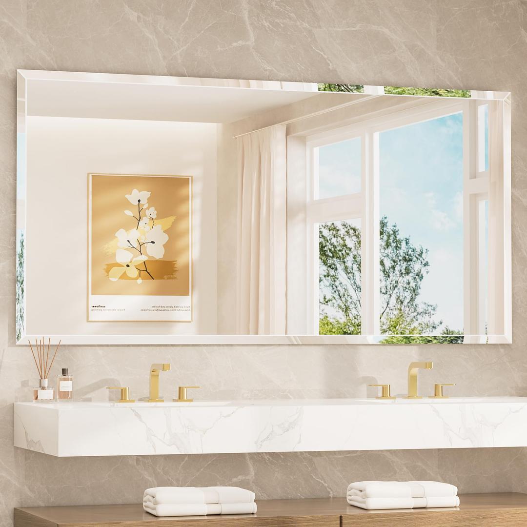 TETOTE 72" x 36" Rectangle Tempered Mirror with Frameless Beveled Edge for Vanity and Bathroom