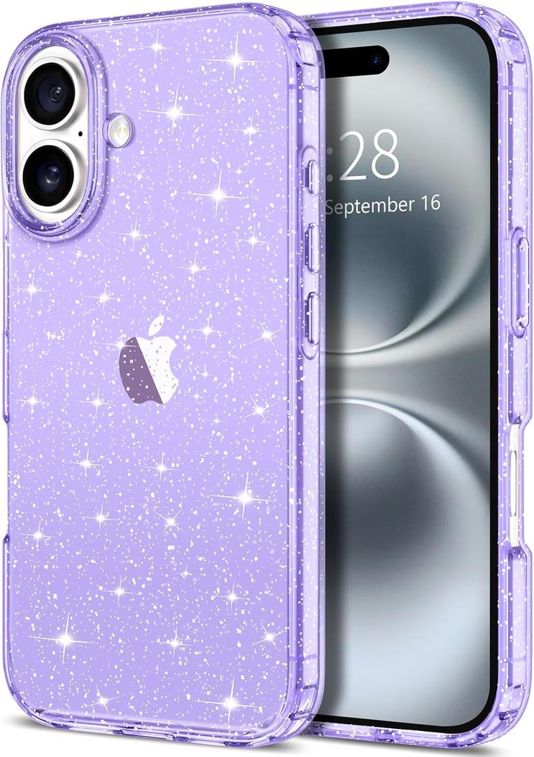 Hython for iPhone 16 Case Glitter, Clear Glitter Sparkly Shiny Bling Sparkle Cute Cover, Anti-Scratch Soft TPU Thin Slim Fit Shockproof Protective Phone Cases for Women Girls, Purple Glitter
