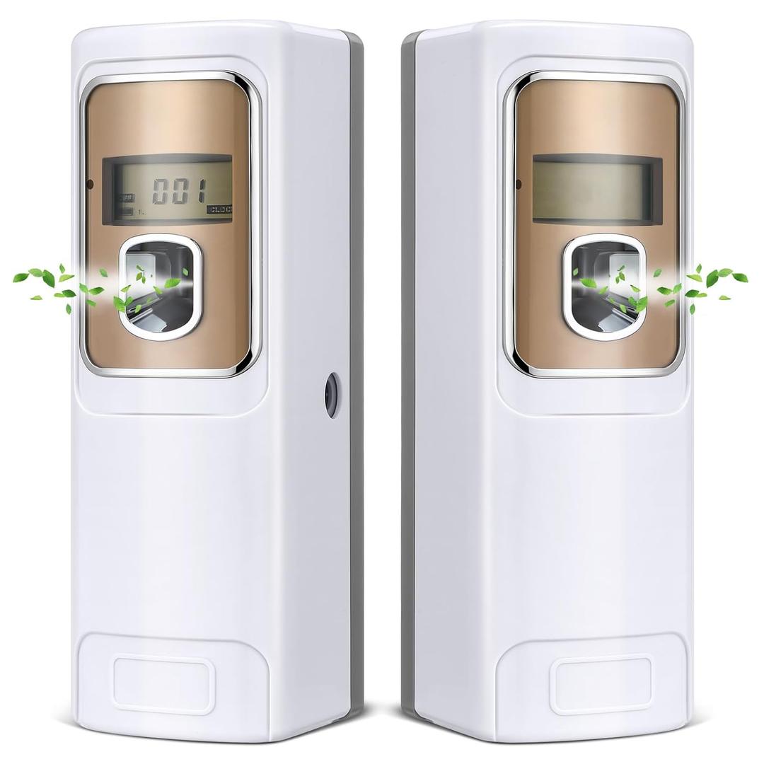 Rossesay 2 Pcs Automatic Air Freshener Spray Dispenser with Screen LCD Perfume Dispenser Wall Mount/Standing Capacity for Bathroom Hotel Office Commercial Place(White)