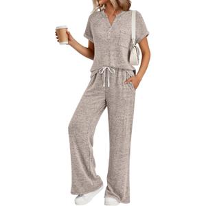 Trendy Queen 2 Piece Lounge Sets for Women Summer 2026 Henley Sweatsuit Travel Vacation Airport Outfits Pajamas Sets, 2XL