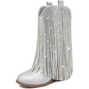 LAURMOSA Rhinestone Fringe Cowgirl Boots for Girls Mid Calf Pointed Toe Cowboy Boots for Toddler Little Big Kids Party Country Size 12 (Silver)
