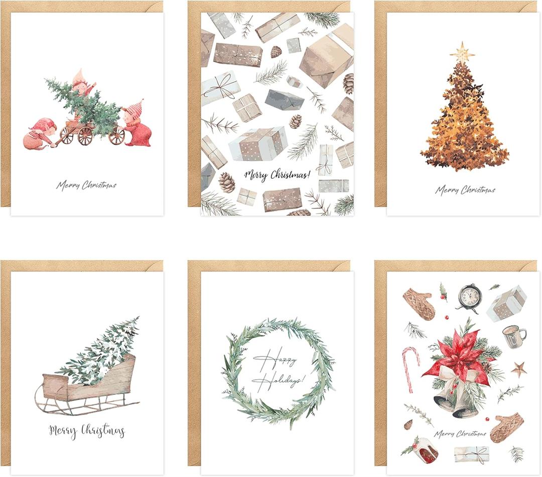 easykart labels 24 Christmas Cards Assortment with Envelopes & Sealing Stickers, Christmas Boho Theme 6 Designs, 5.75" x 4.25" For Friends, Family and loved Ones