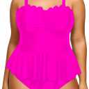 Yonique Women Plus Size 2 Piece Tankini Swimsuits Ruched Bathing Suits Peplum Swimwear Scalloped Swimsuits (Hot Pink) Size 22W