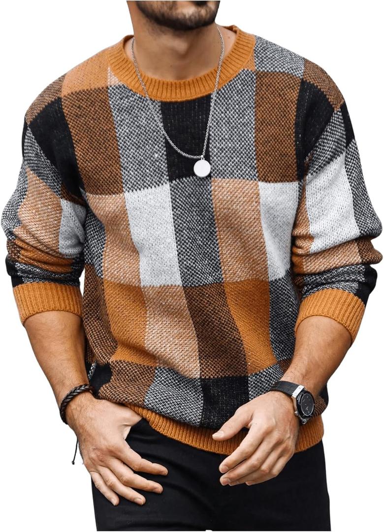 OYOANGLE Men's Color Block Plaid Print Long Sleeve Crew Neck Sweater Pullover Tops (Medium, Brown and Orange)