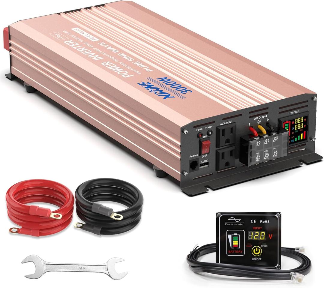 XWJNE Power Inverter 3500 Watt Pure Sine Wave 24V DC to 110V/120V AC 6000 Watt Peak with Remote Control and LED Display 2x2.4A USB Charging Ports & 3 AC Outlets Dual Cooling Fans Inverter