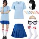 Mepase 7 Pcs Halloween Nerd Costume for Women Includes Black Bob Wigs Blue Top Short Skirts Glasses Socks Hair Clips (Large)