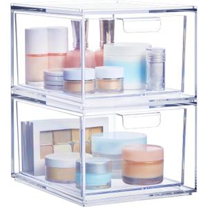 STORi Audrey Stackable Clear Bin Plastic Organizer Drawers | 2 Piece Set | Organize Cosmetics and Beauty Supplies on a Vanity | Made in USA (4.5" Tall)