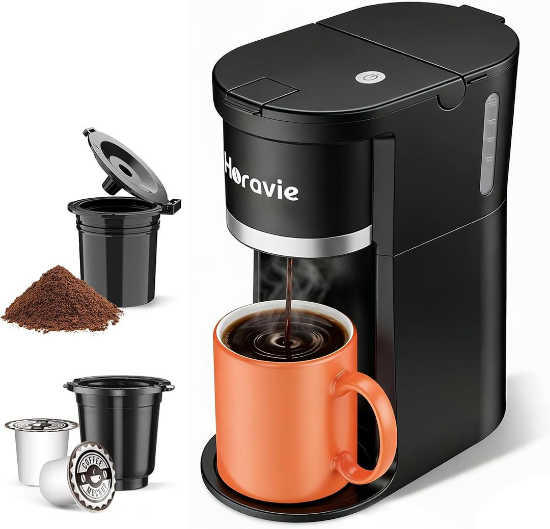 Small Single Serve Coffee Maker, Fast Brew One Cup Coffee Machine for K Cup and Grounds, 6 to 12 oz. Brew Sizes, Pod Coffee Maker with Descaling Reminder and Viewing Tank, Black (9.45 Inches)