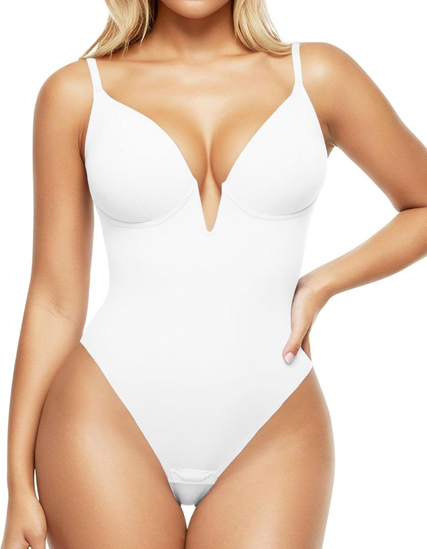 Popilush Shapewear Bodysuits for Women - Tummy Control Body Suits for Womens Deep V Corset Tops Thong Concert Outfits (Size L(8-10), Arctic White)