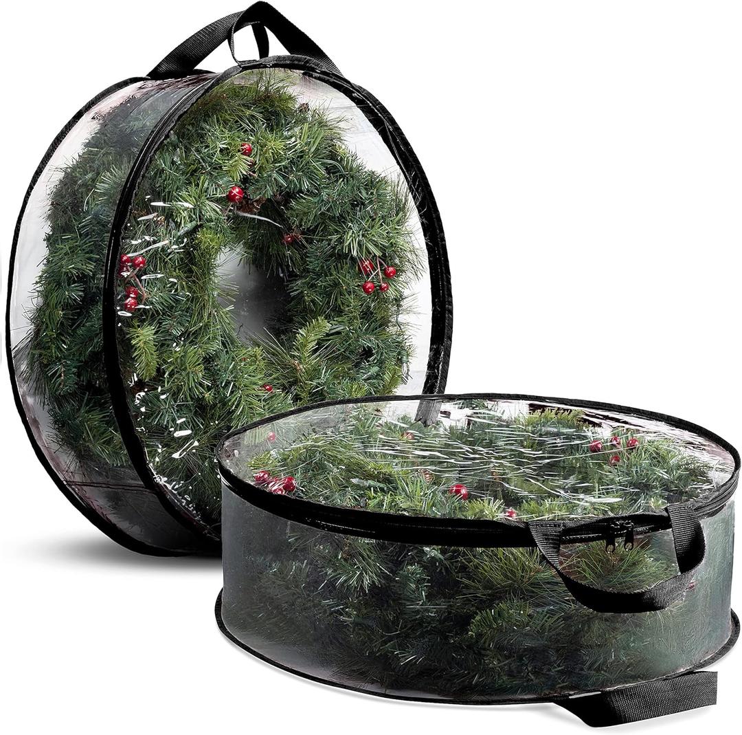 ZOBER 2 Pack Christmas Wreath Storage Container 24 Inch - Wreath Bag for Artificial Wreaths Box - Dual Zippered Wreaths Storage Bag with Durable Stitch Reinforced Handles - Black