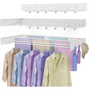 Drying Rack Clothing,Clothes Drying Rack Wall Mounted,Laundry Drying Rack Wall Mount,Foldable,Collapsible,60 lb Capacity 5 Aluminium Poles with 6 Hooks,Space Saving Clothes Drying Rack,White 40"