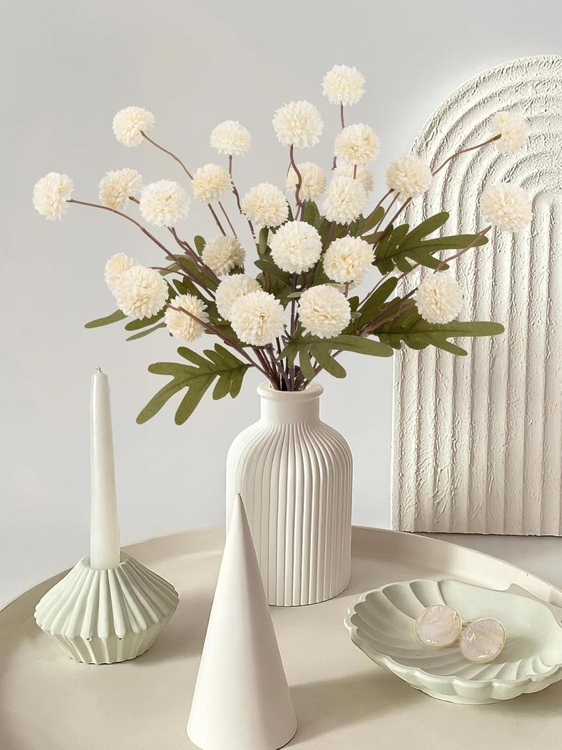 HOHOTIME 6pcs Faux Silk Pompon Mums Artificial Flowers, Bulk Fake Mini Chrysanthemums with Stems for DIY Bouquet Centerpieces Wedding Decor, Ivory Neutral Floral Arrangements, Pom Pom Kiku Flower