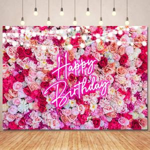 Pink Flower Happy Birthday Backdrop Banner Decorations for Women,Pink Neon Birthday Sign Backdrops Banner Red Rose Flowers Photography Background Girls Bday Party Decor Photo Booth Prop 10x7ft