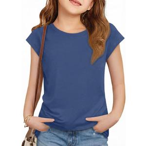 ZDC Girls Short Cap Sleeve T Shirts Kids Crewneck Summer Tops Basic Tees 5-14 Years (Blue)