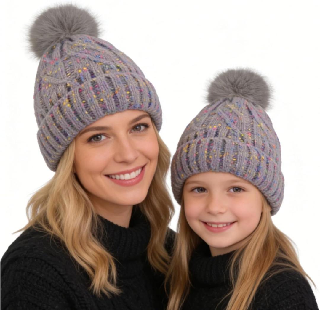 Winter Knit Beanie Hat for Girls Women Parent-Child with Faux Pom Warm Fleece Lined