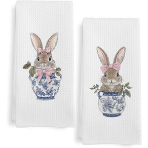 Chinoiserie Bunny Kitchen Towels Set of 2, Easter Blue and White Rabbit Gifts Dish Tea Towel for Kitchen, Coquette Bunnies Hand Towels for Bathroom, Bunnies Gifts for Bunny Lovers Girls, 16x24