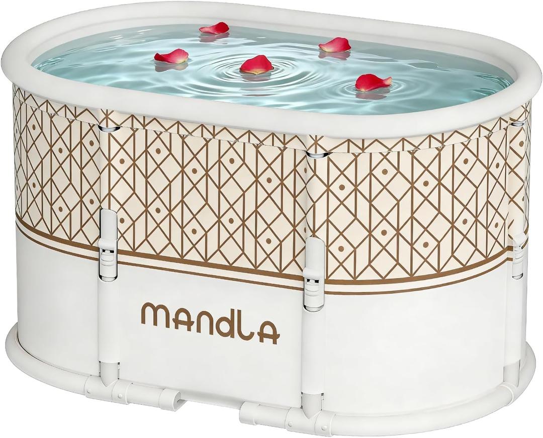 Portable Bathtub, Foldable Bathtub No Installation, Freestanding Shower Bathtubs with Cushion, Collapsible SPA Soaking Bath Tub, Hot & Ice Bath Tub for Indoor Outdoor (White Brown Stripes)