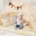 Full Size Bed Tent Canopy, Kids Play Tent with Flags & Star Lights, Canopy on Bed Privacy Space Sleeping Blackout Tents, Indoor Breathable Portable & Foldable, XL-Large Cream Castle Style (Full Size (78.7 x 56.3 x 51.2 in))