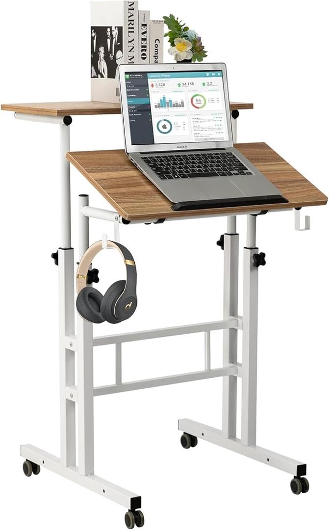 SIDUCAL Small Standing Desk, Portable Stand Up Desk, Height Adjustable Mobile Standing Table Converter with Wheels Computer Workstations, Rolling Laptop Cart for Stand or Sit, Vintage Oak