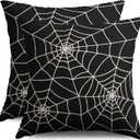 Halloween Spiderweb Pillow Covers 18X18 Set of 2, Black Cream Spider Web Throw Pillowcases Outdoor Holiday Theme Pillow Cases Farmhouse Cushion Cases Couch Sofa Bed Home Decor