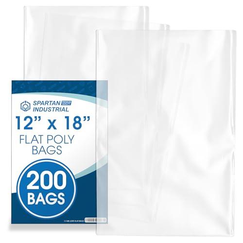 12" X 18" Open-End Flat Poly Bags (200 Count) - 1.1 Mil Clear Plastic - No Adhesive Strip - For Packaging, Shipping, Storage - Spartan Industrial