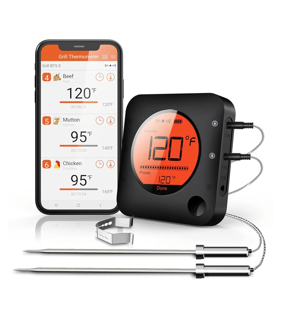 BFOUR Meat Thermometer Wireless Bluetooth, LCD Digital Meat Thermometer with Dual Probe, Wireless Remote BBQ Thermometer for Smoker Kitchen Cooking Grill Thermometer Timer for Grilling BBQ Oven