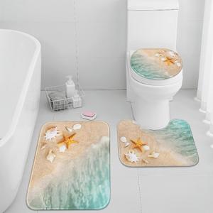 Britimes Beach Seashell Ocean Bathroom Rug Set of 3, 3 Pieces Bath Mats Set, Non-Slip Washable Cover Floor Rug Decorations for Kitchen Bathroom Bedroom (Clear)