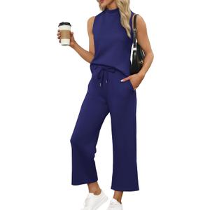 SAMPEEL Two Piece Sets for Women Summer Outfits Lounge Sets Mock Neck Tops Wide Leg Crop Pants Vacation Travel Outfits (Large, Dark Blue)