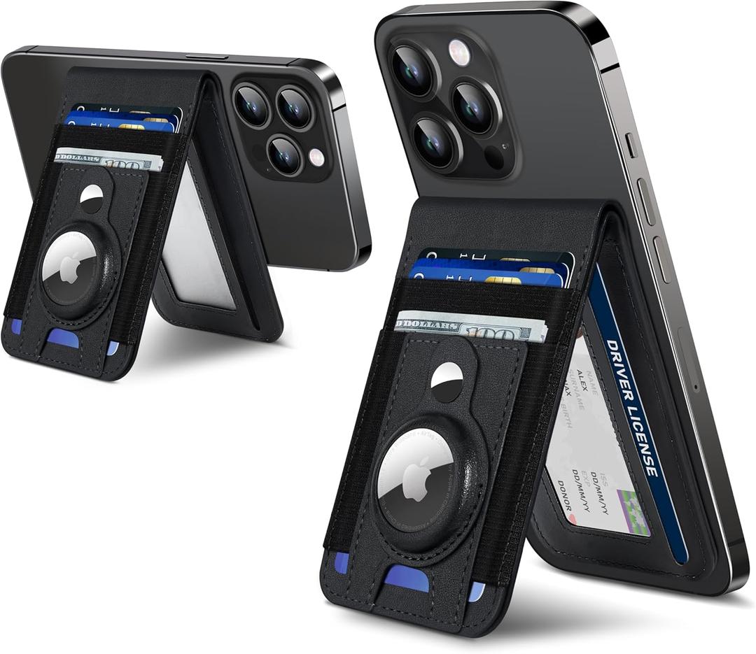 For Magsafe Wallet Stand with Airtag Holder, Strongest Magnetic Wallet for iPhone 17/16/15/14/13/12 Series, ID Window, 4 Card Slots, 10 Cards Holder, Vegan Leather, RFID Blocking, Black