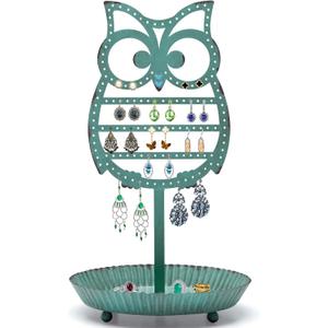 NIKKY HOME Earring Holder Stand Hanging Organizer Metal Jewelry Tree Cute Owl Ear Stud Holder Table Top Tower Rack with Ring Tray for Women Girls (134 Holes), Teal