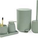 Gahefy Sage Green Bathroom Accessories Set with Small Trash Can 3 Liter/0.8 Gallon,Toothbrush Holder,Soap Dispenser,Vanity Tray,Toilet Brush and Holder Green 5PCS