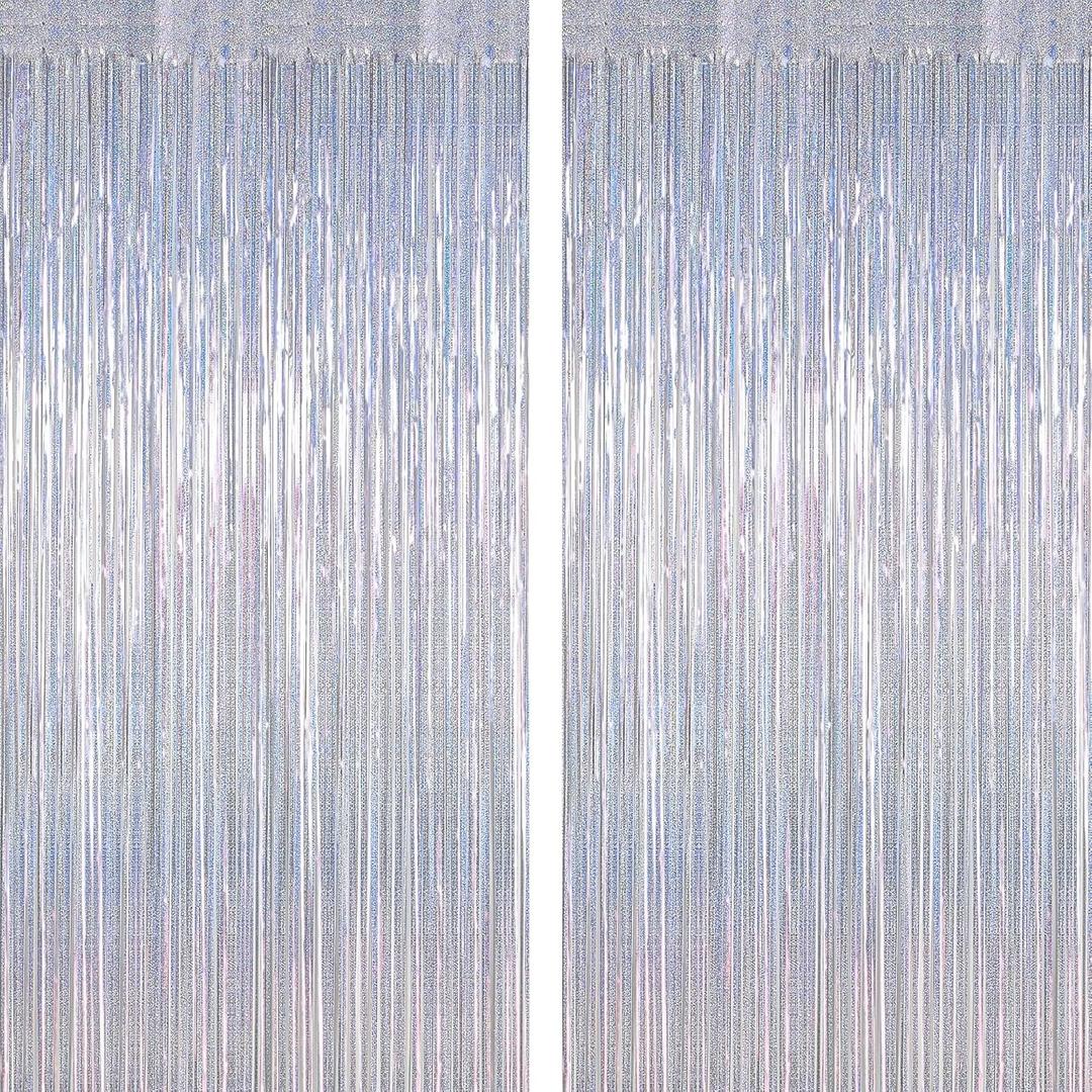 2 Pack Silver Metallic Tinsel Foil Curtains, 3.28 FT x 7.05 FT Glitter Silver Fringe Curtains, New Year Door Streamer Tinsel Backdrop Photo Booth for NYE Party Birthday Engagement Party Decorations