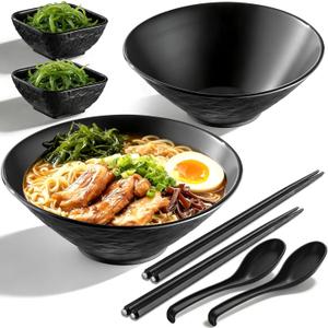 Berglander Ramen Bowl Set 40 oz of 2 with Dipping Bowls Chopsticks Spoons, Unbreakable Japanese Style Plastic Noodle Soup Bowls for Asian Pho Soup Thai Miso Udon Wonton